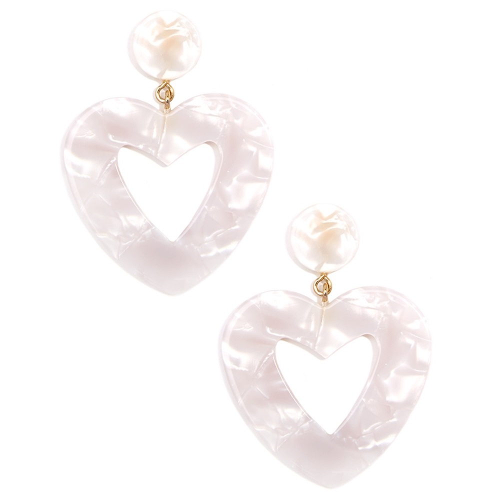 Drop Heart Earrings for Valentines Day, White Marbled Acetate‎